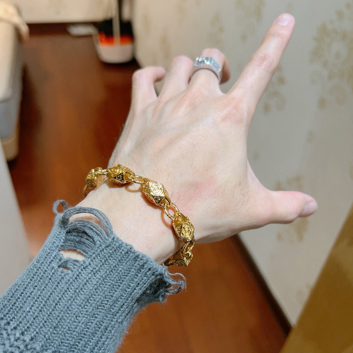 Geometric Emblem Bracelet in Polished Metal-Tone – Design 086 detail view