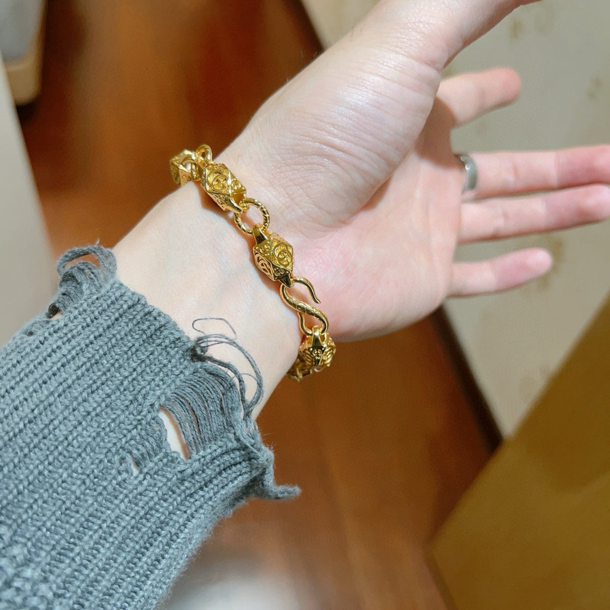 Geometric Emblem Bracelet in Polished Metal-Tone – Design 086 side detail