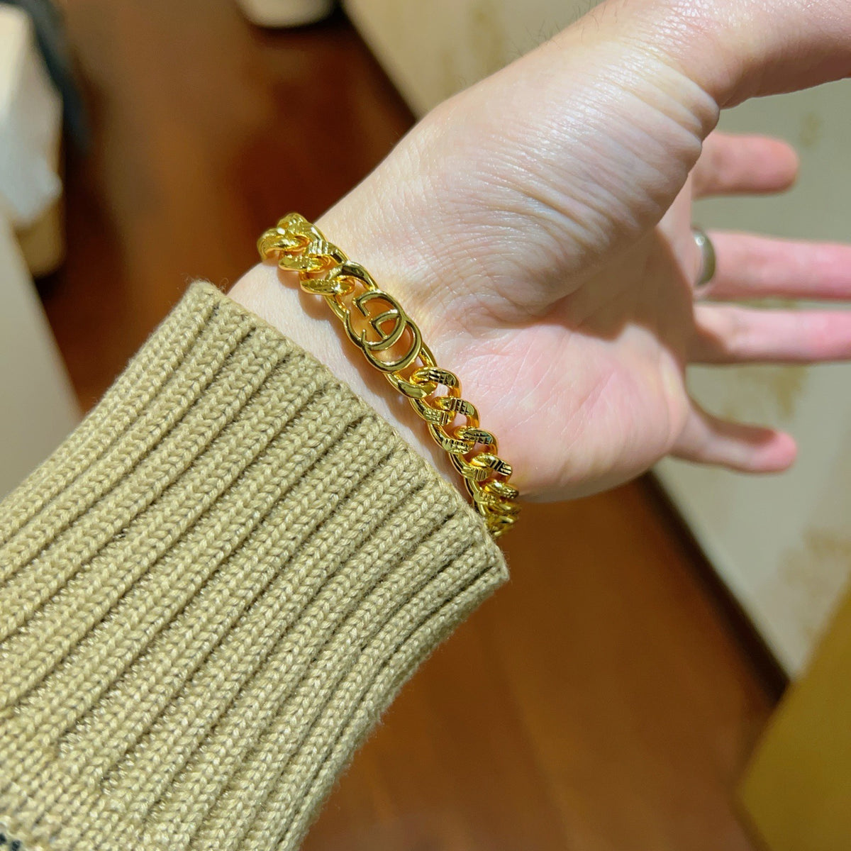 Geometric Emblem Bracelet in Polished Metal-Tone – Design 085 side detail