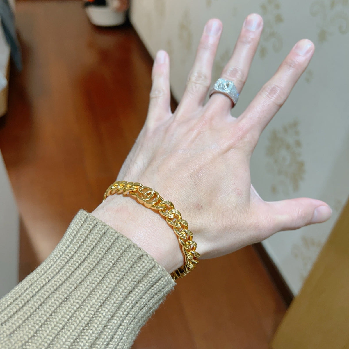 Geometric Emblem Bracelet in Polished Metal-Tone – Design 089 detail view