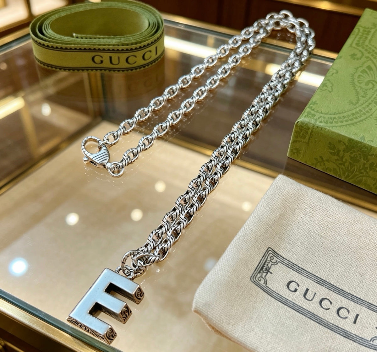 Double-G Emblem Pendant Necklace in Polished Metal-Tone – Vintage Detail – Design 049 front product view