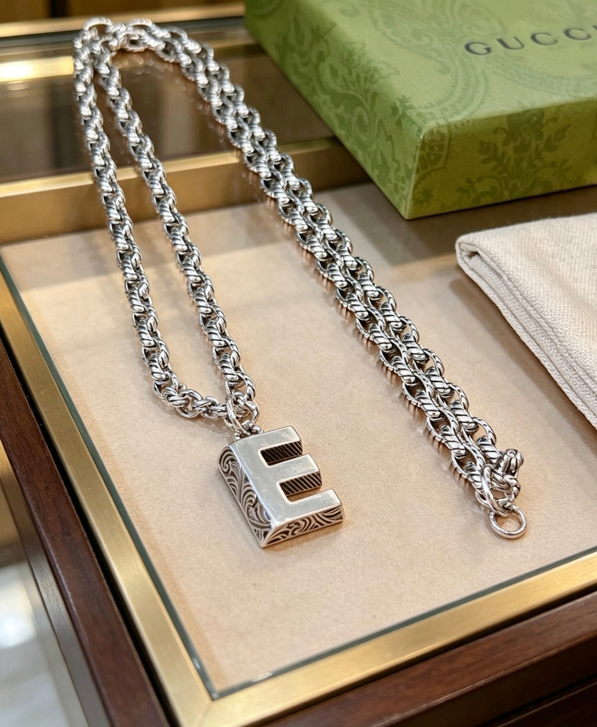Double-G Emblem Pendant Necklace in Polished Metal-Tone – Vintage Detail – Design 049 main product view
