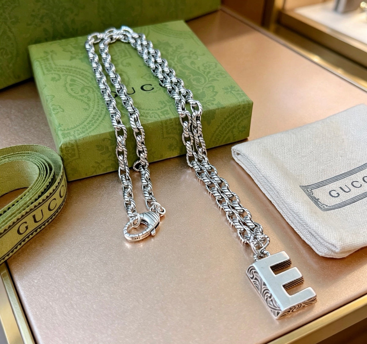 Double-G Emblem Pendant Necklace in Polished Metal-Tone – Vintage Detail – Design 049 side detail