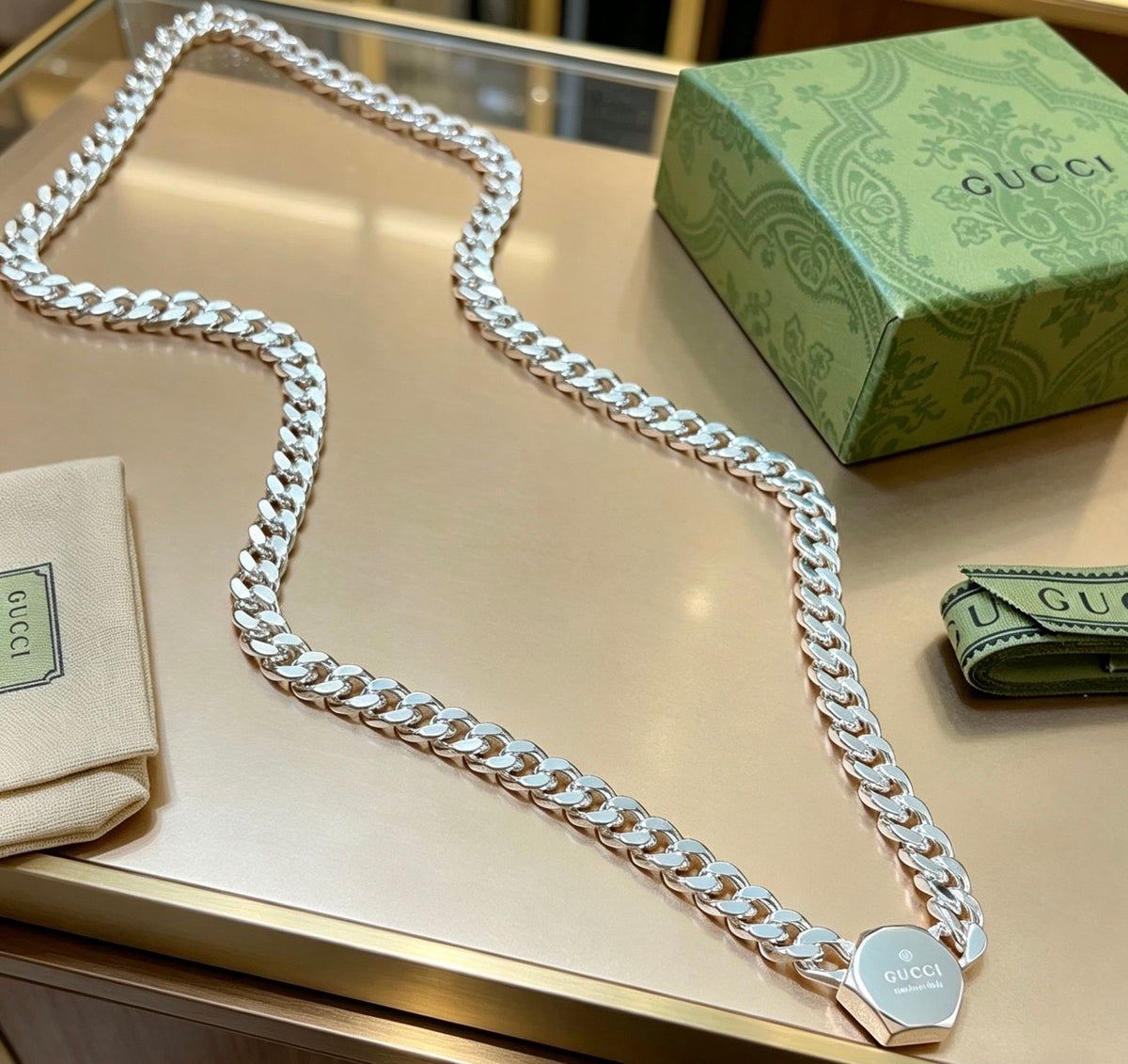 Double-G Emblem Pendant Necklace in Polished Metal-Tone – Design 175 front product view