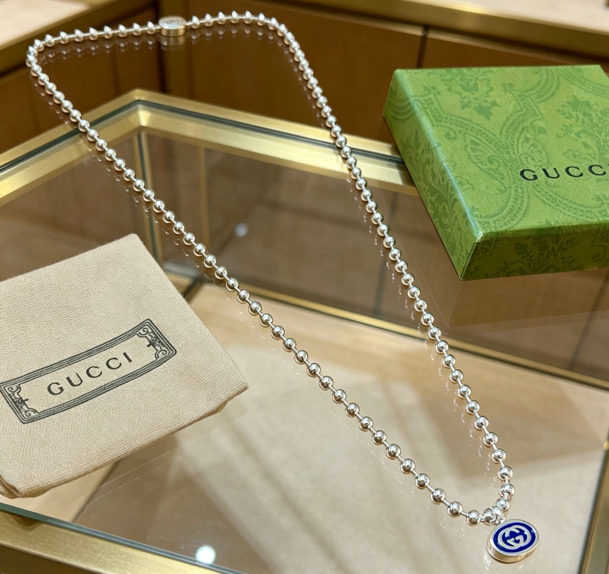 Double-G Emblem Pendant Necklace in Silver-Tone – Design 052 styled product view