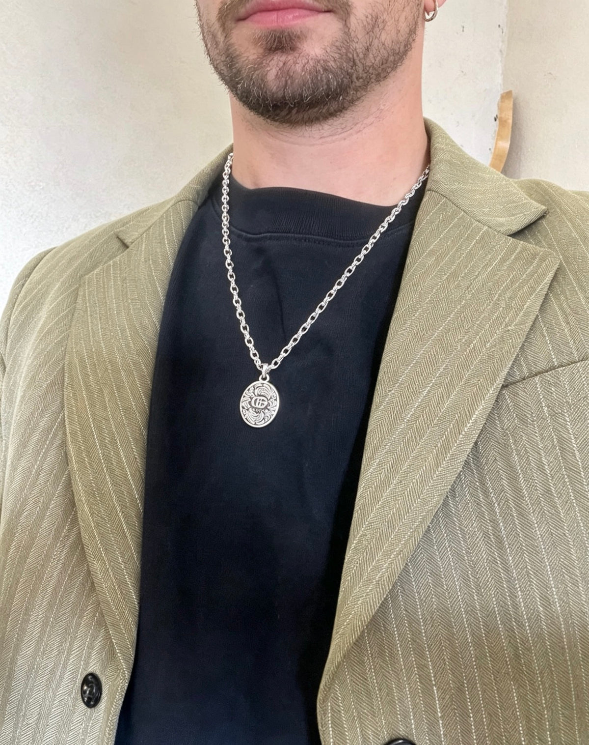 Double-G Emblem Pendant Necklace in Polished Metal-Tone – Design 174 styled product view