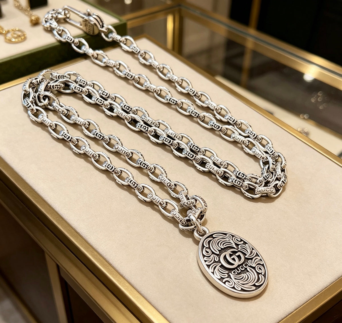 Double-G Emblem Pendant Necklace in Polished Metal-Tone – Design 174 main product view