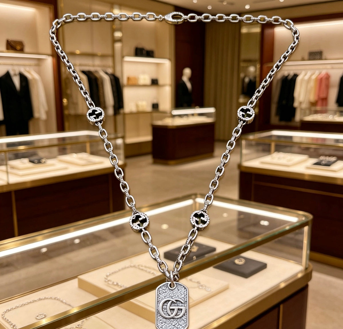 Double-G Emblem Pendant Necklace in Silver-Tone – Vintage Detail – Design 047 detail view