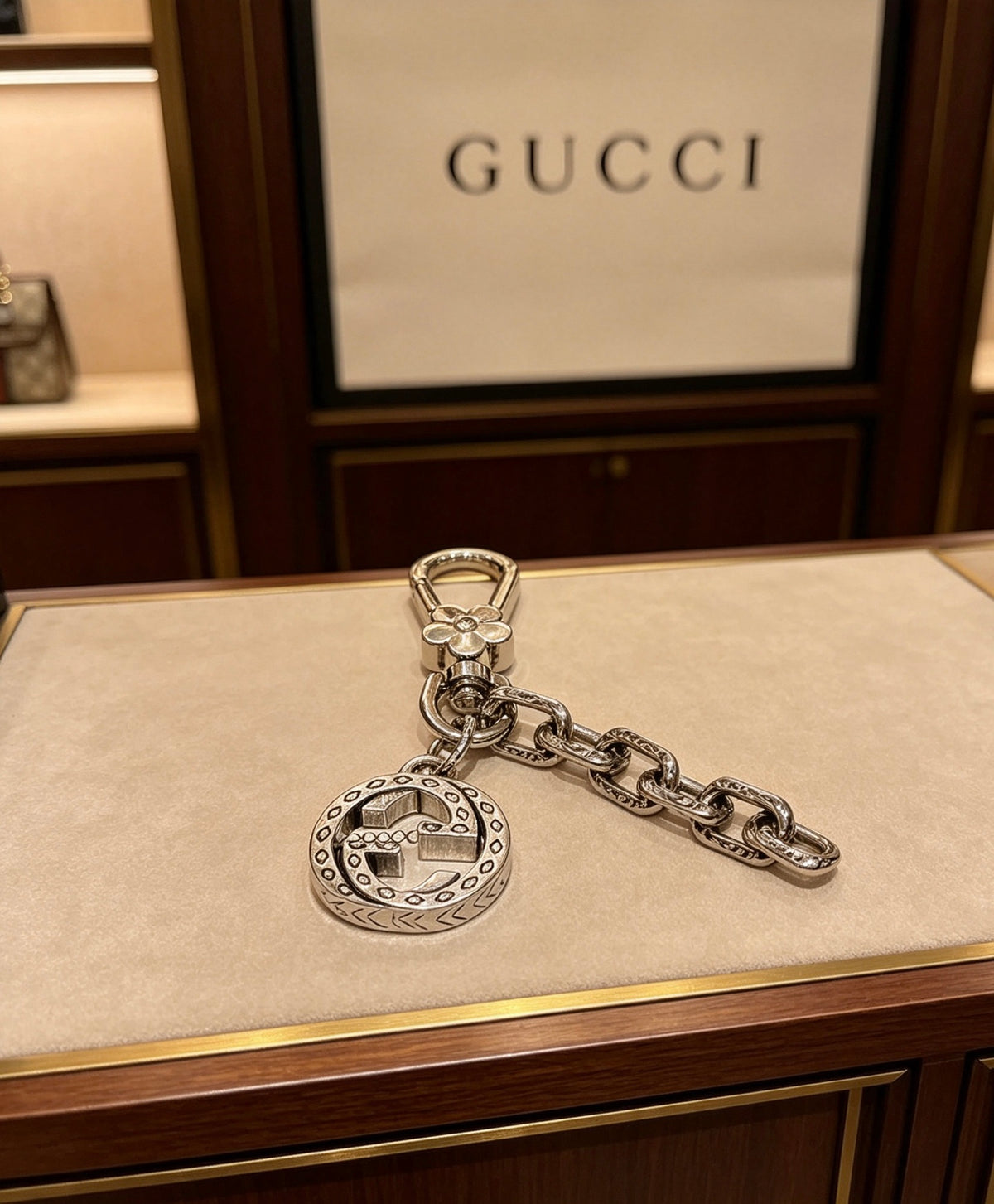 Double-G Emblem Keychain in Polished Metal-Tone – Design 006 front product view