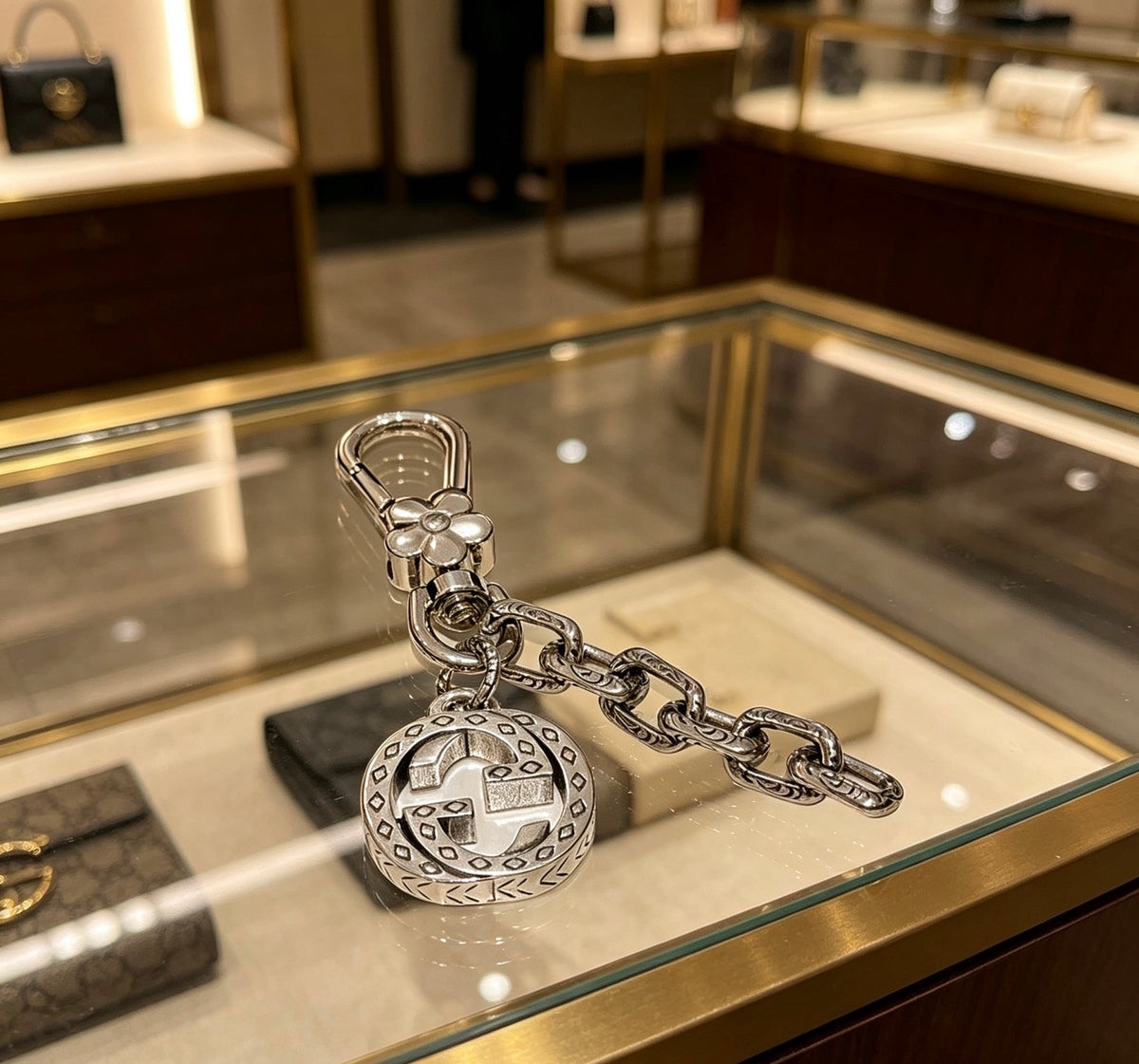 Double-G Emblem Keychain in Polished Metal-Tone – Design 045 styled product view