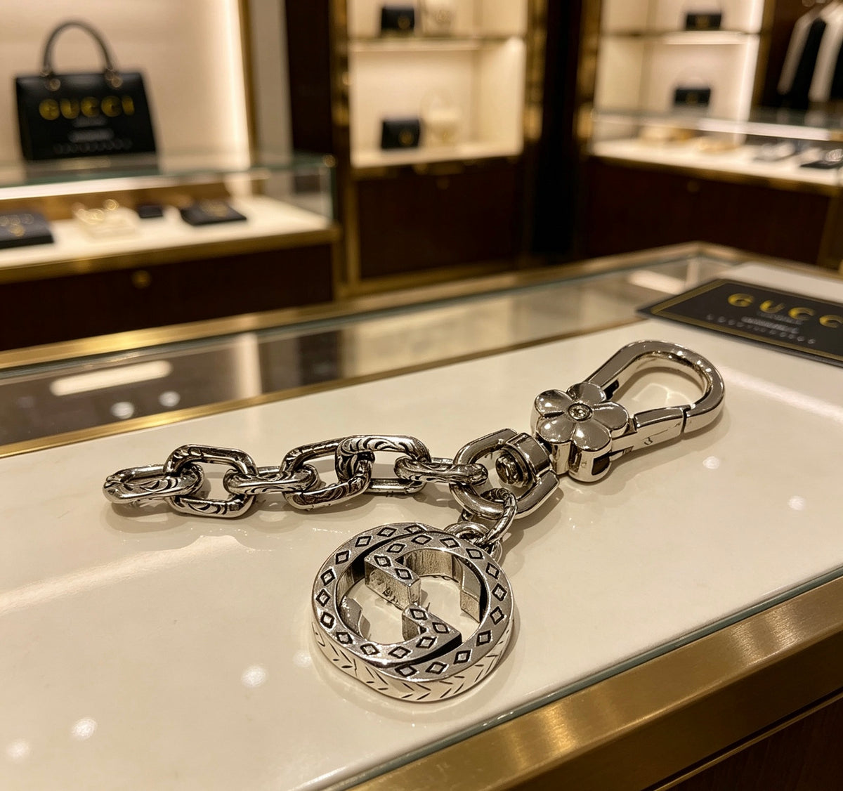 Double-G Emblem Keychain in Polished Metal-Tone – Design 006 main product view