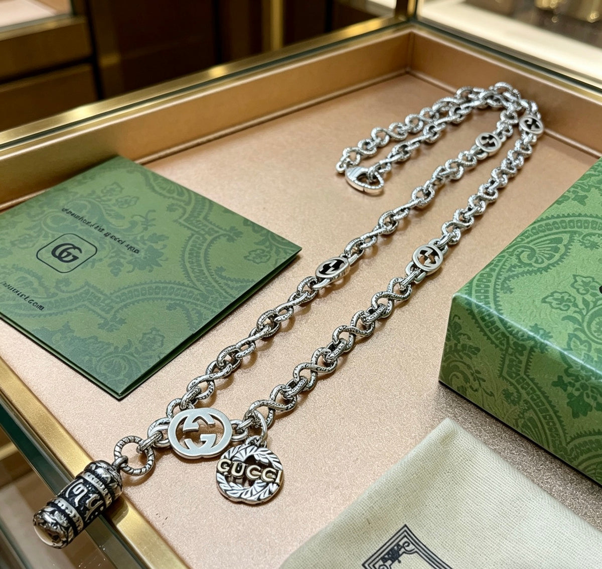 Double-G Emblem Pendant Necklace in Polished Metal-Tone – Vintage Detail – Design 010 front product view