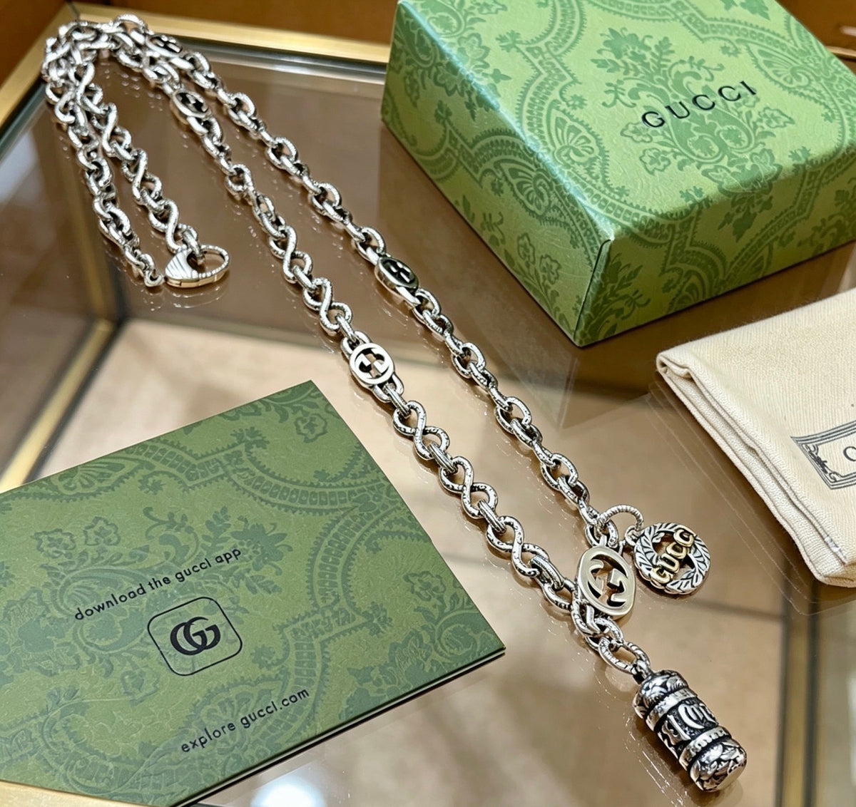 Double-G Emblem Pendant Necklace in Polished Metal-Tone – Vintage Detail – Design 048 front product view