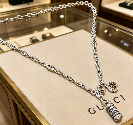 Double-G Emblem Pendant Necklace in Polished Metal-Tone – Vintage Detail – Design 010 main product view