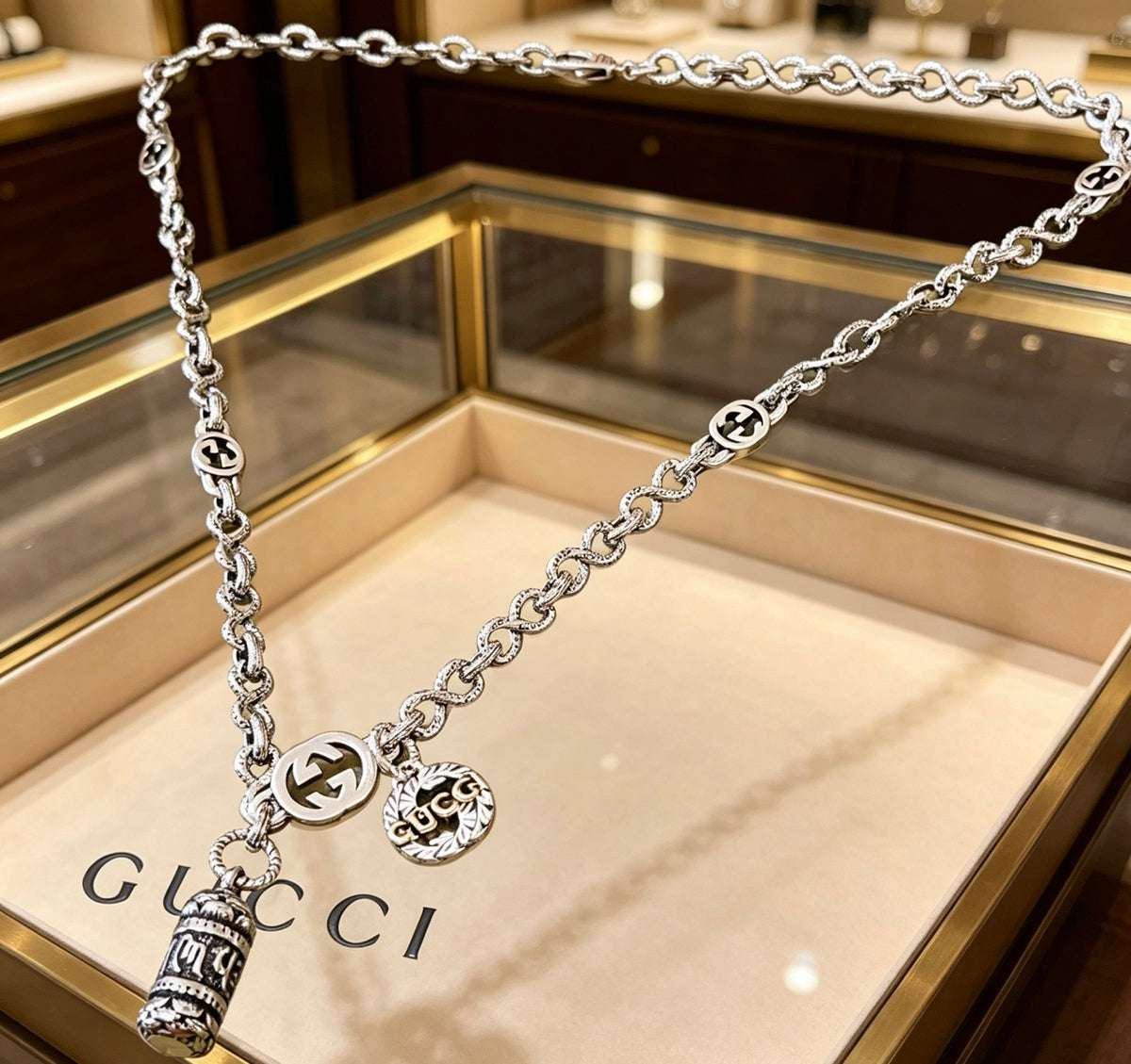 Double-G Emblem Pendant Necklace in Polished Metal-Tone – Vintage Detail – Design 010 main product view