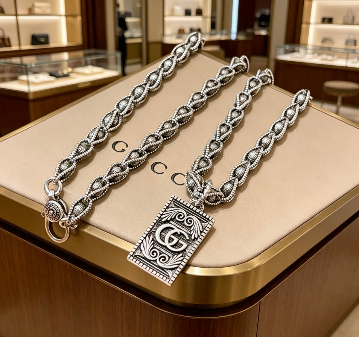 Double-G Emblem Pendant Necklace in Polished Metal-Tone – Design 024 front product view