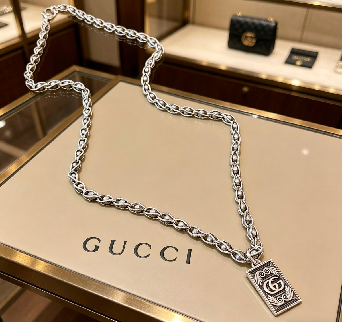 Double-G Emblem Pendant Necklace in Polished Metal-Tone – Design 024 main product view