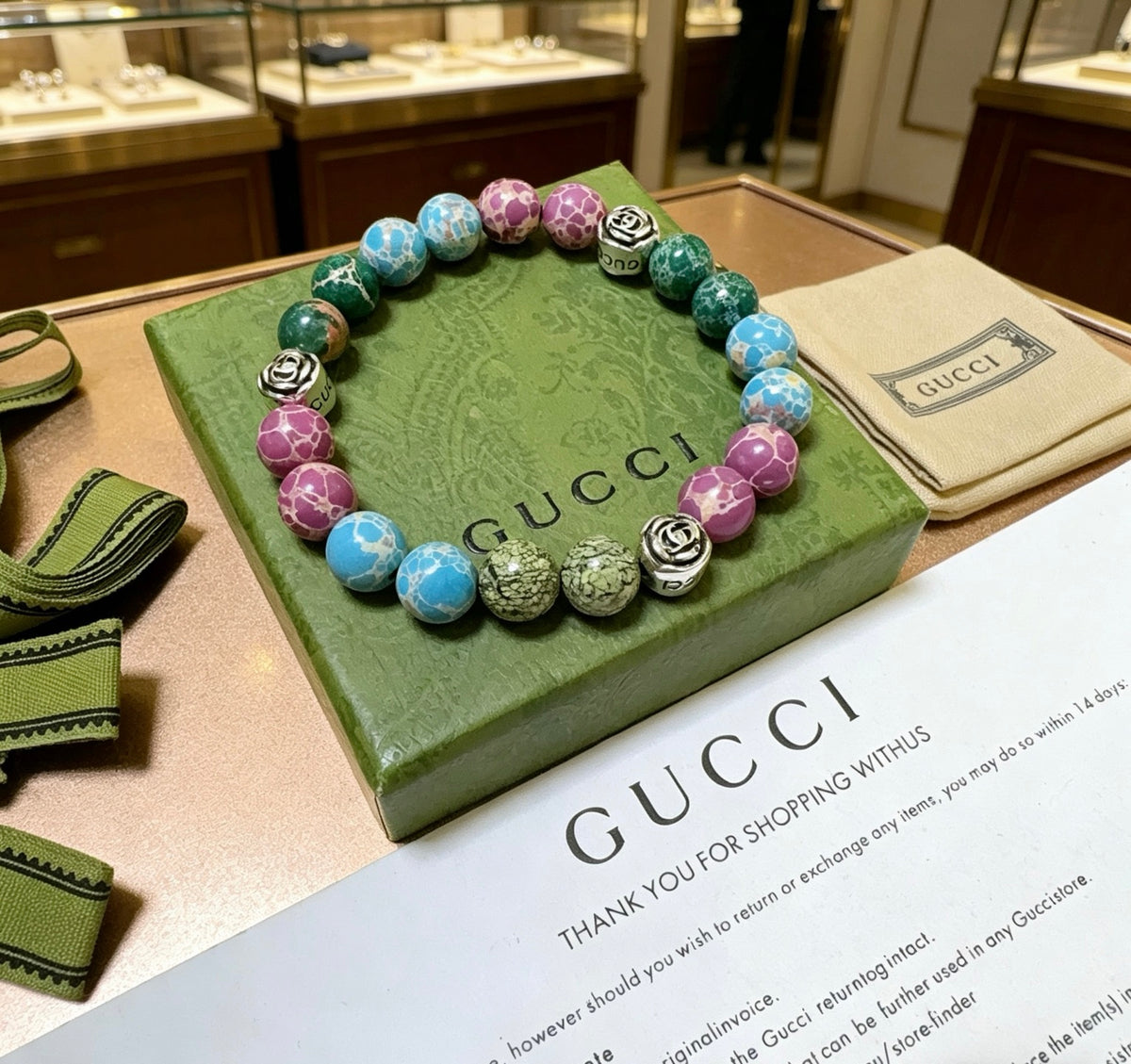 Double-G Emblem Beaded Bracelet in Polished Metal-Tone – Agate Detail – Design 021 front product view