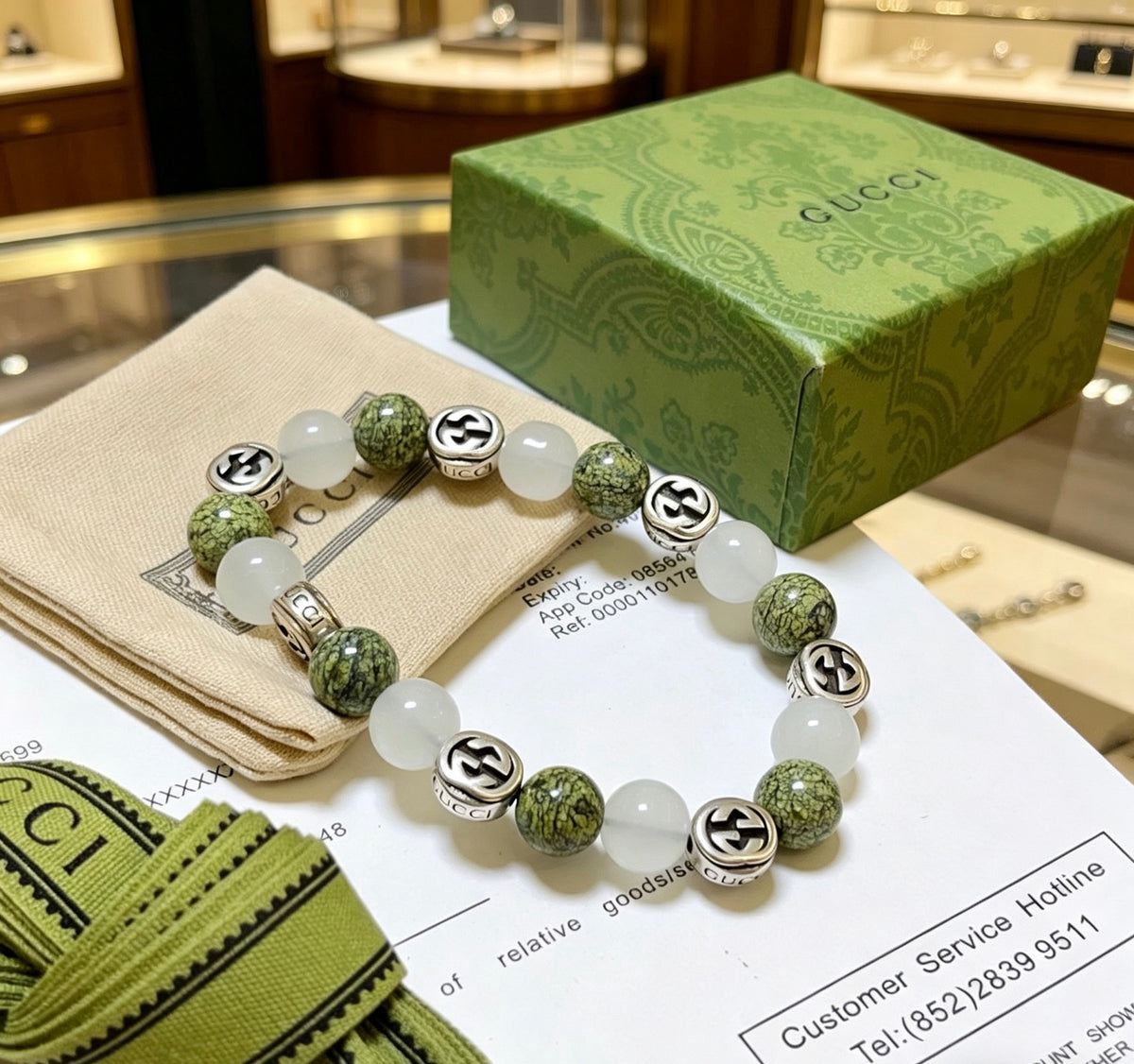 Double-G Emblem Beaded Bracelet in Polished Metal-Tone – Agate Detail – Design 007 main product view