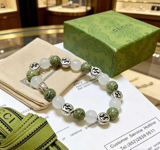 Double-G Emblem Beaded Bracelet in Polished Metal-Tone – Agate Detail – Design 007 main product view
