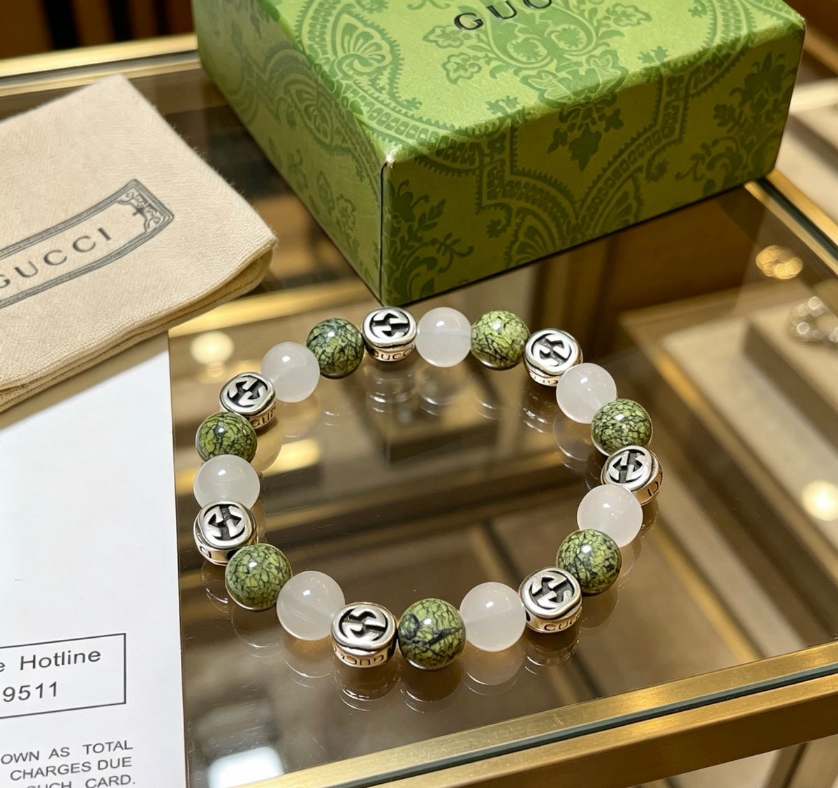 Double-G Emblem Beaded Bracelet in Polished Metal-Tone – Agate Detail – Design 020 front product view