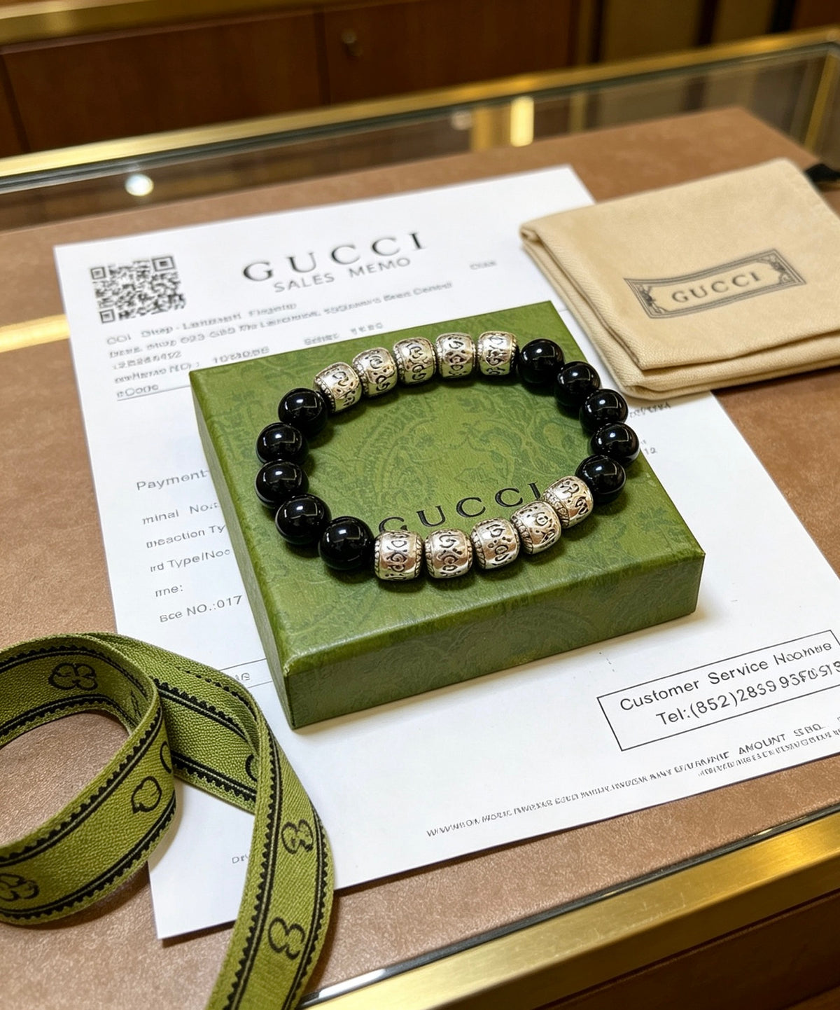 Double-G Emblem Beaded Bracelet in Polished Metal-Tone – Agate Detail – Design 006 front product view