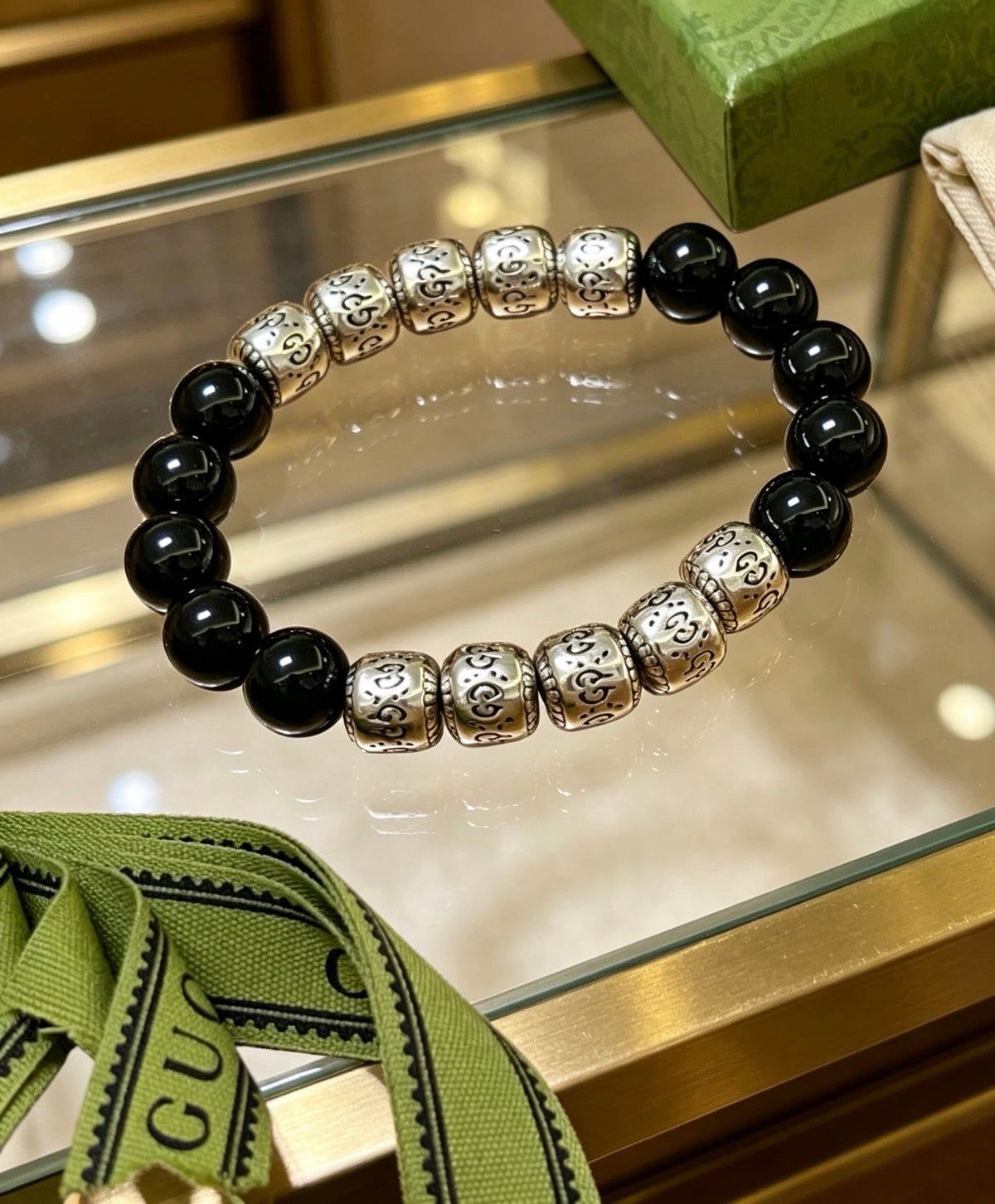 Double-G Emblem Beaded Bracelet in Polished Metal-Tone – Agate Detail – Design 019 front product view