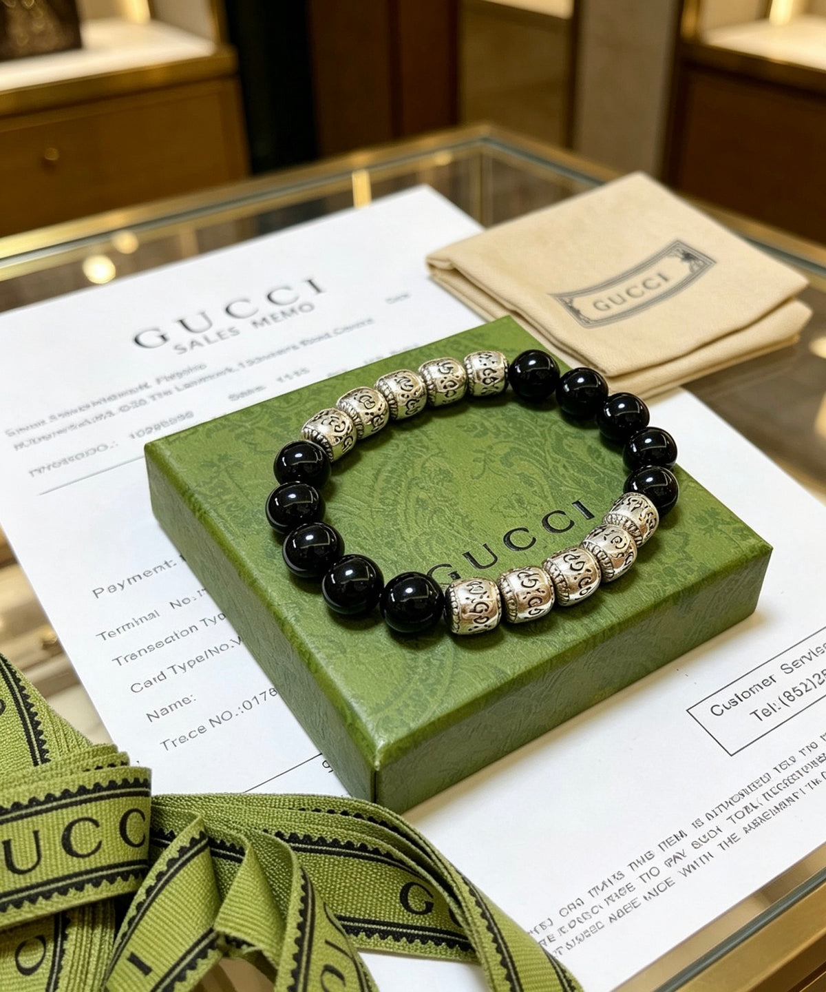 Double-G Emblem Beaded Bracelet in Polished Metal-Tone – Agate Detail – Design 019 styled product view