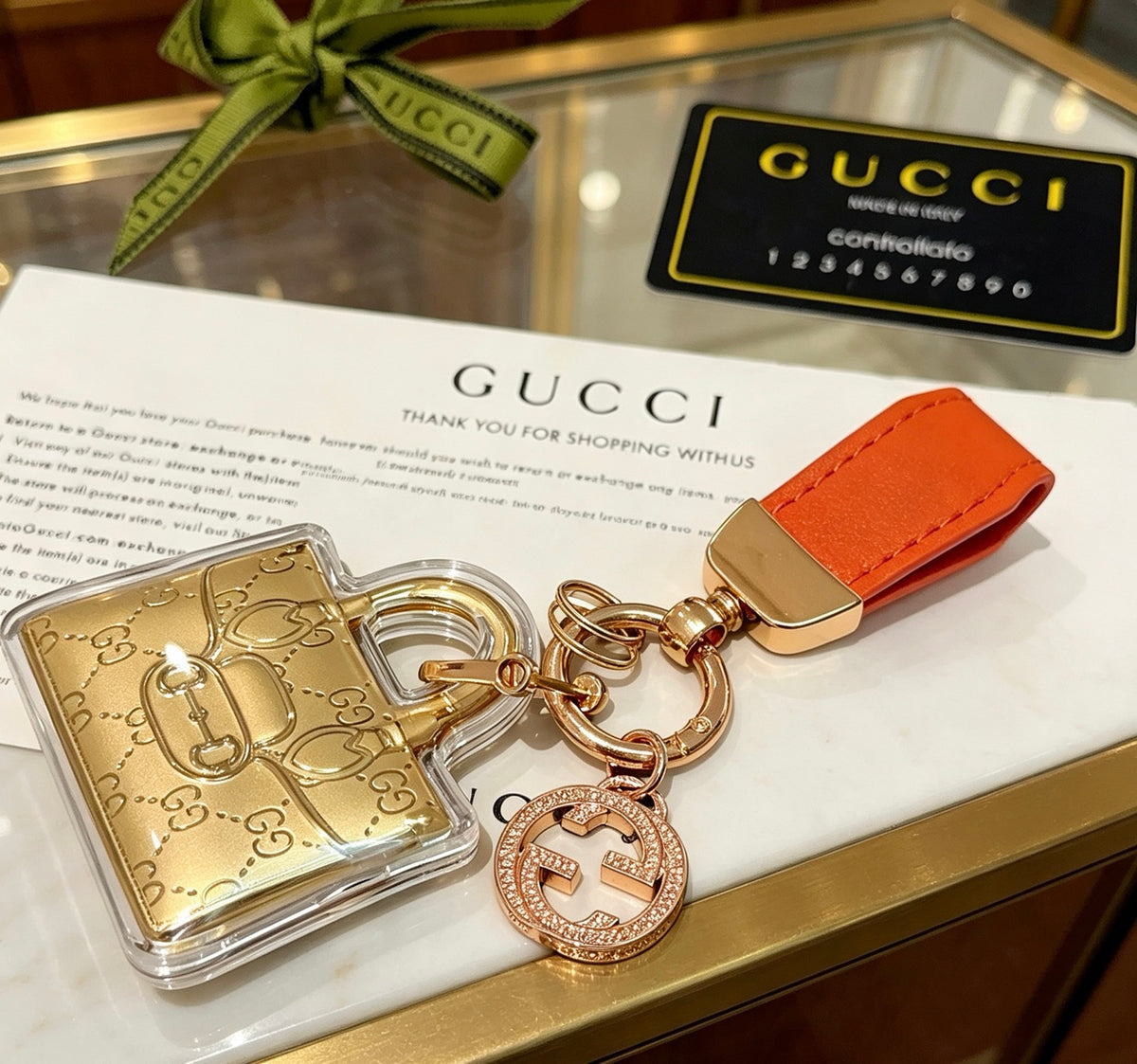 Double-G Emblem Keychain in Polished Metal-Tone – Design 044 detail view