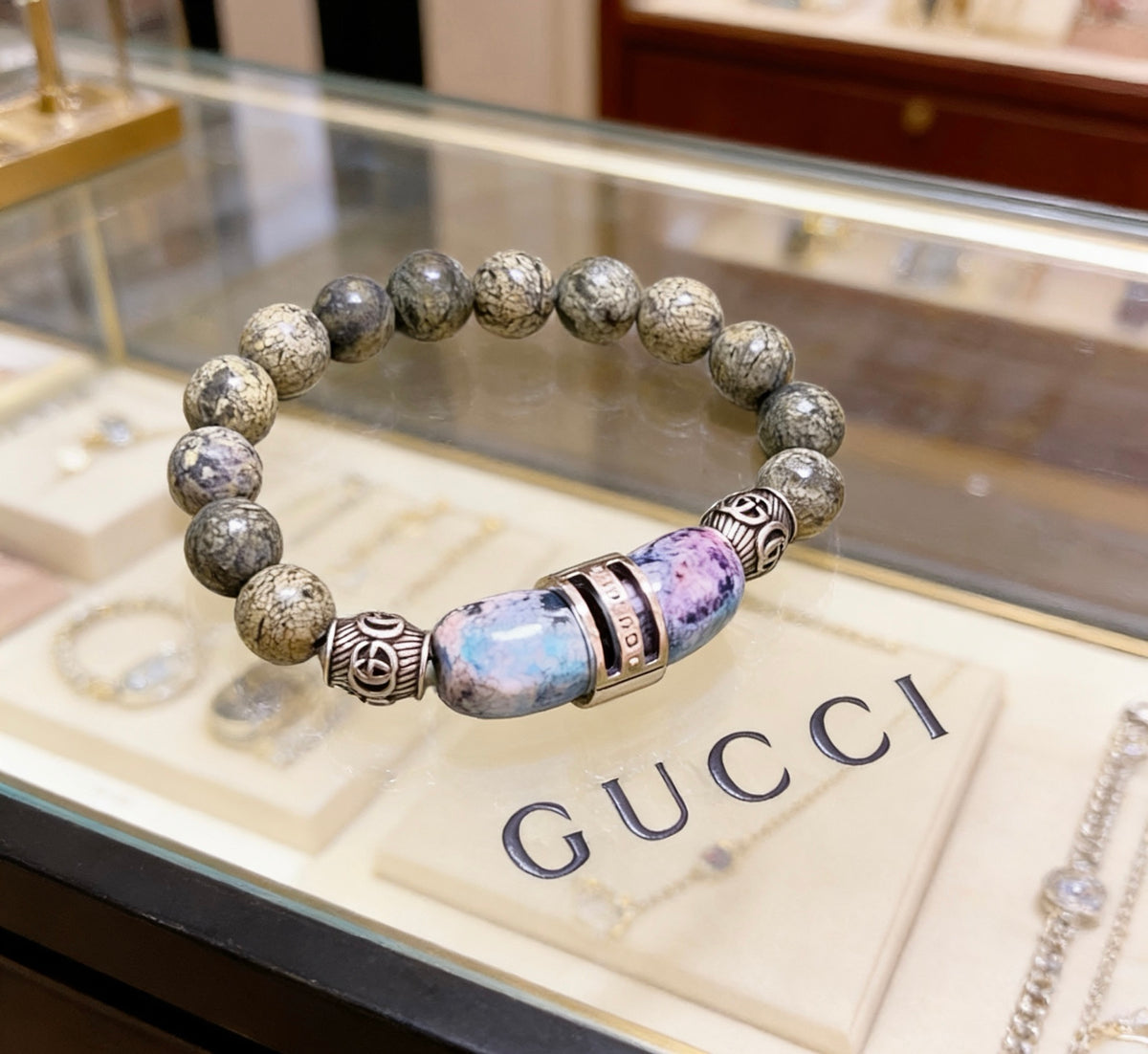 Double-G Emblem Beaded Bracelet in Polished Metal-Tone – Crystal Detail – Design 015 main product view