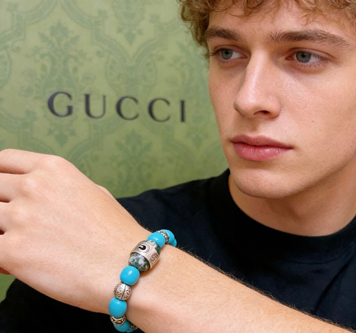Double-G Emblem Beaded Bracelet in Polished Metal-Tone – Crystal Detail – Design 015 styled product view