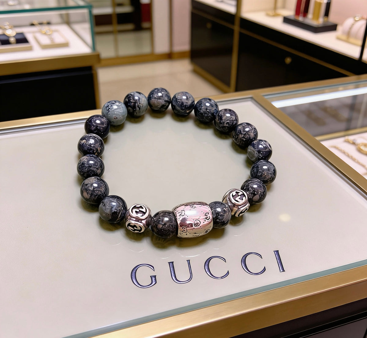 Double-G Emblem Beaded Bracelet in Polished Metal-Tone – Crystal Detail – Design 002 front product view