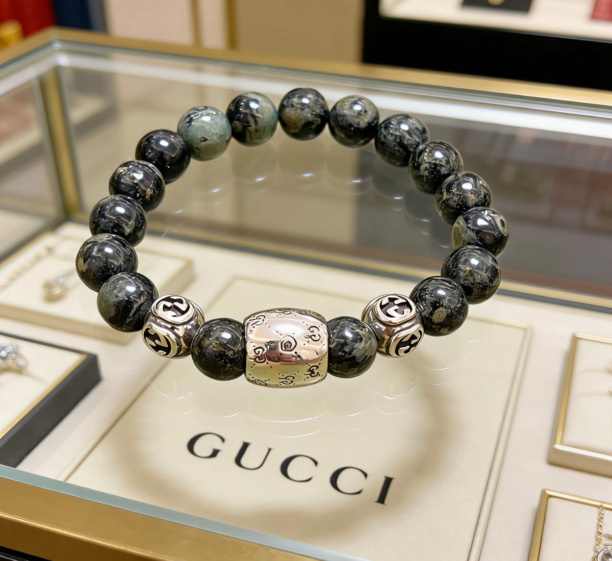 Double-G Emblem Beaded Bracelet in Polished Metal-Tone – Crystal Detail – Design 002 styled product view