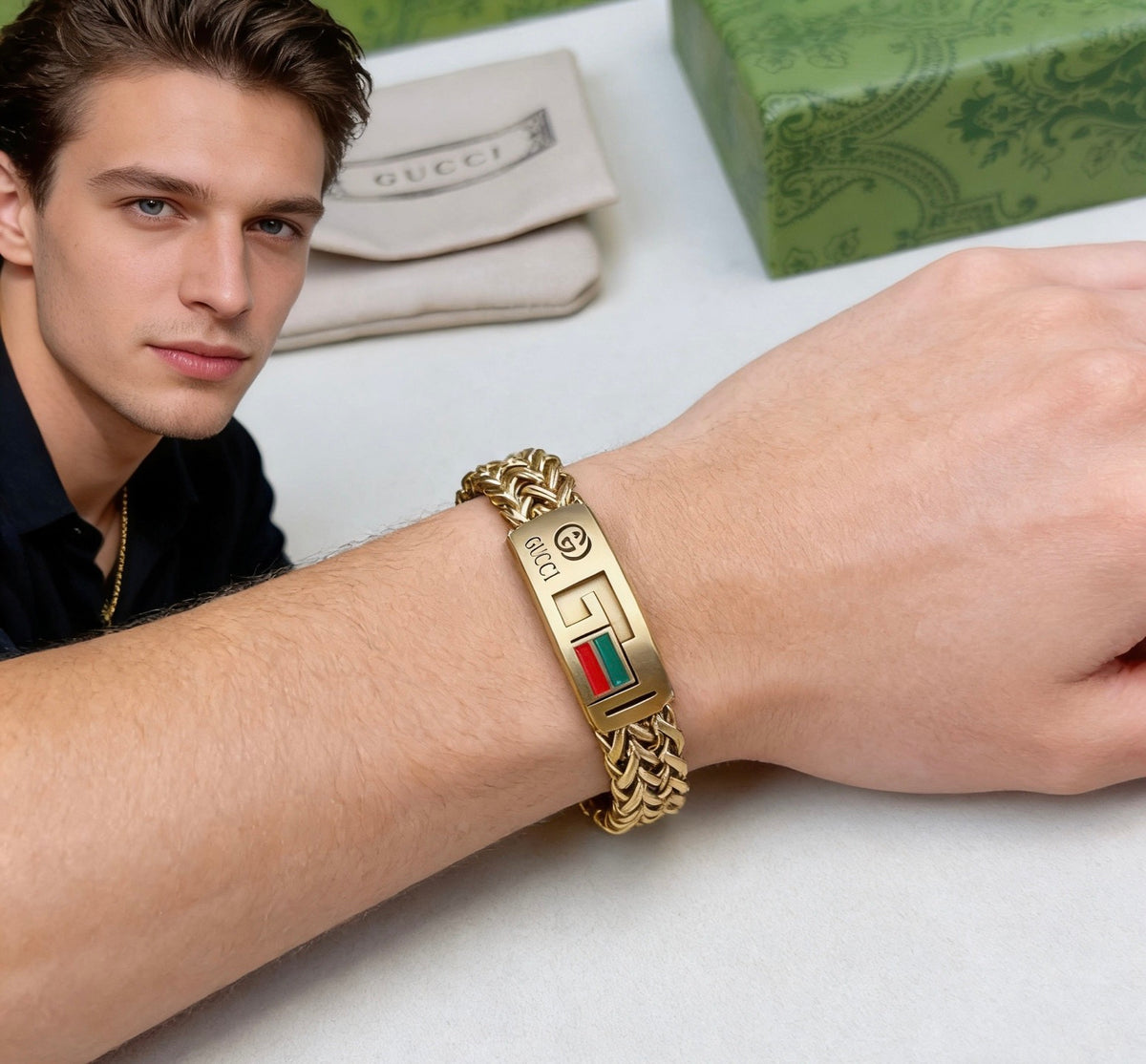 Geometric Emblem Bracelet in Polished Metal-Tone – Design 088 detail view