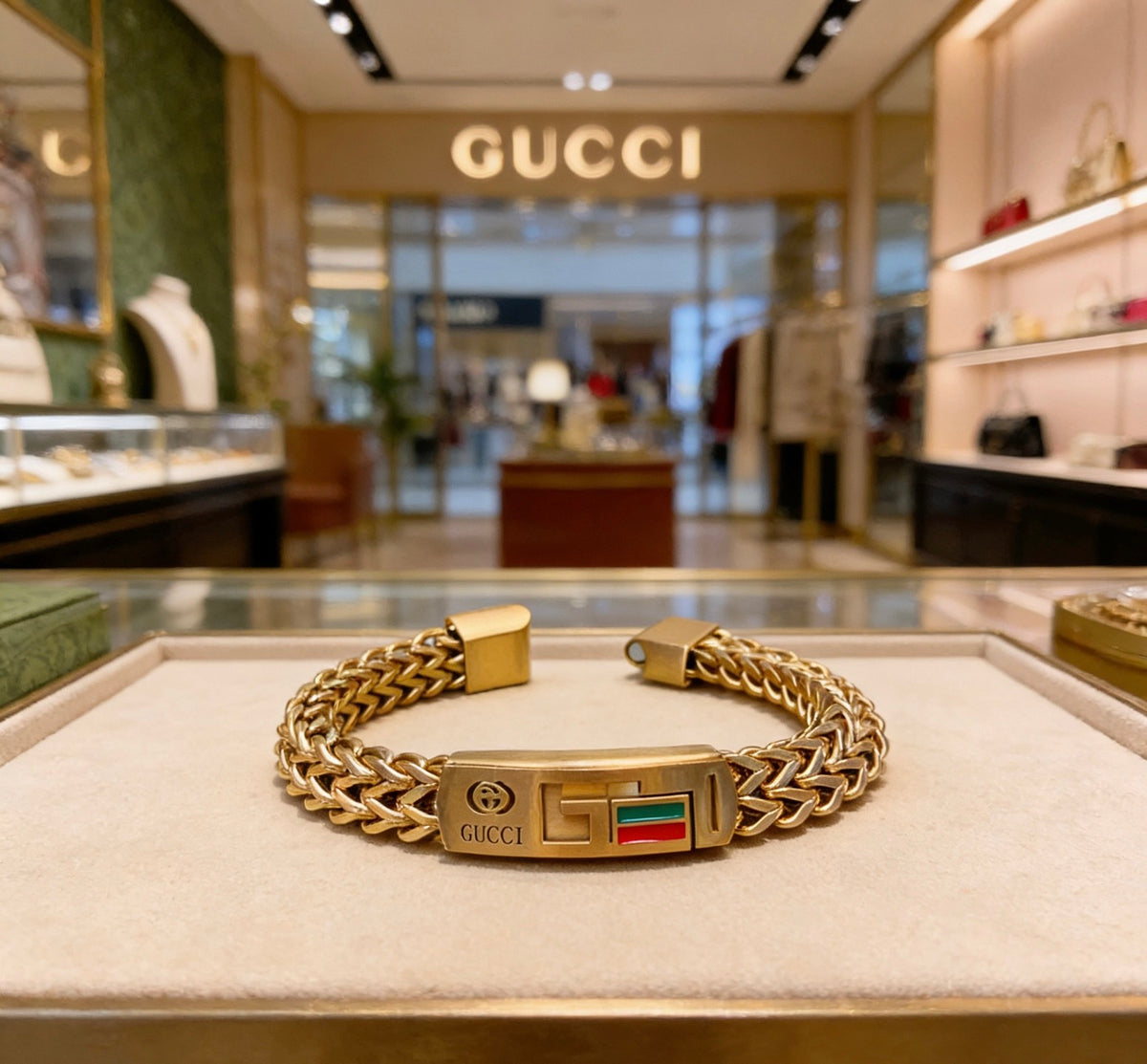 Geometric Emblem Bracelet in Polished Metal-Tone – Design 011 side detail