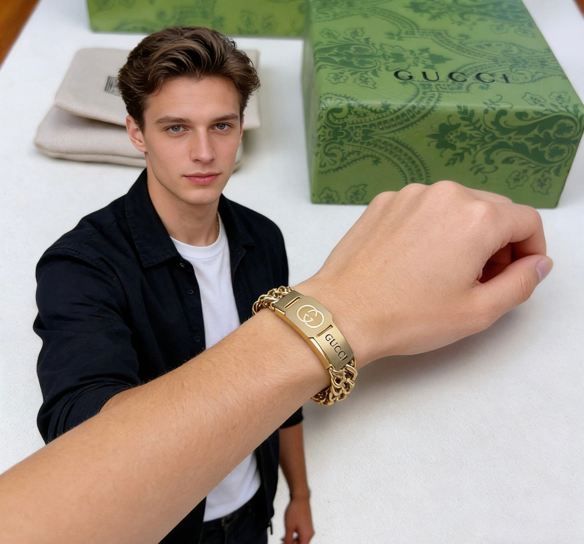 Geometric Emblem Bracelet in Polished Metal-Tone – Design 010 detail view