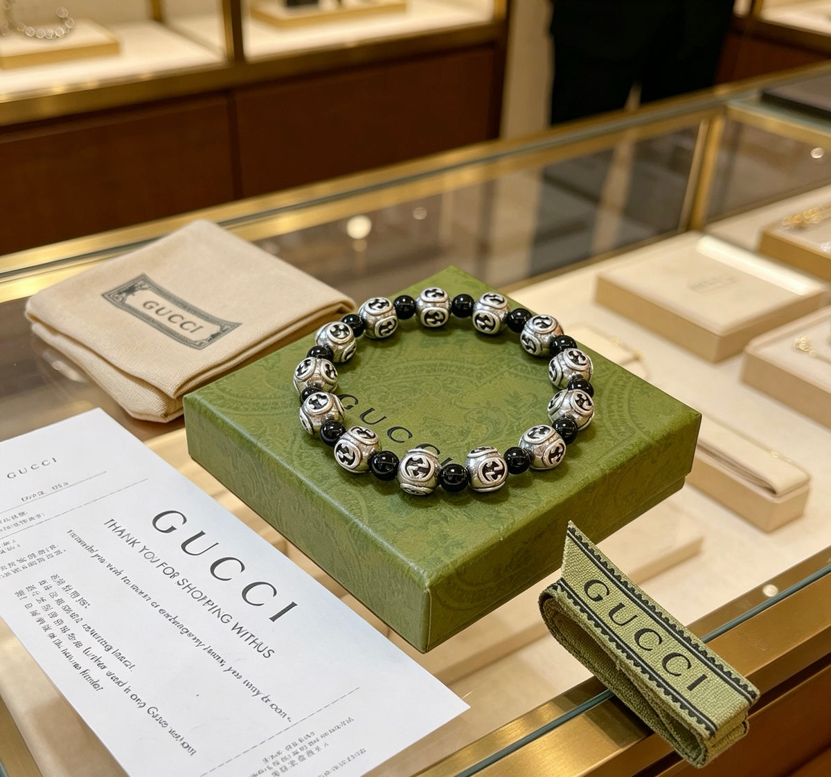 Double-G Emblem Beaded Bracelet in Polished Metal-Tone – Agate Detail – Design 005 main product view
