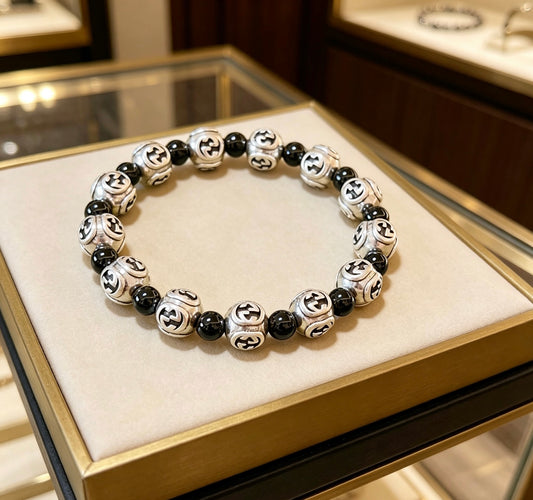 Double-G Emblem Beaded Bracelet in Polished Metal-Tone – Agate Detail – Design 005 main product view