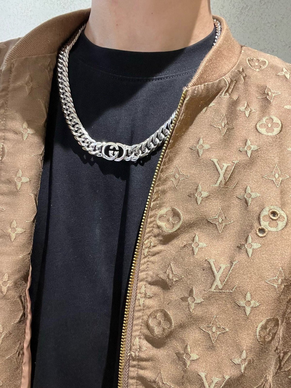 Double-G Emblem Pendant Necklace in Polished Metal-Tone – Vintage Detail – Design 051 styled product view