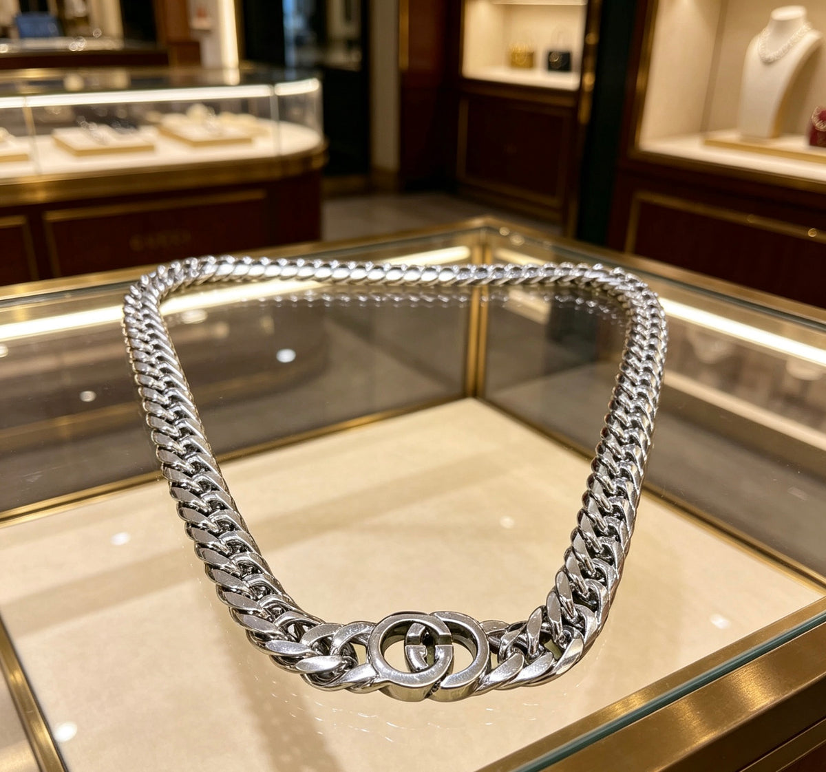 Double-G Emblem Pendant Necklace in Polished Metal-Tone – Vintage Detail – Design 009 main product view