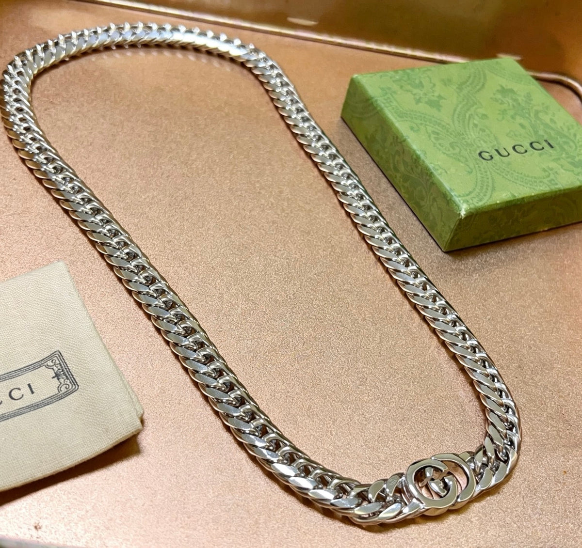 Double-G Emblem Pendant Necklace in Polished Metal-Tone – Vintage Detail – Design 009 front product view