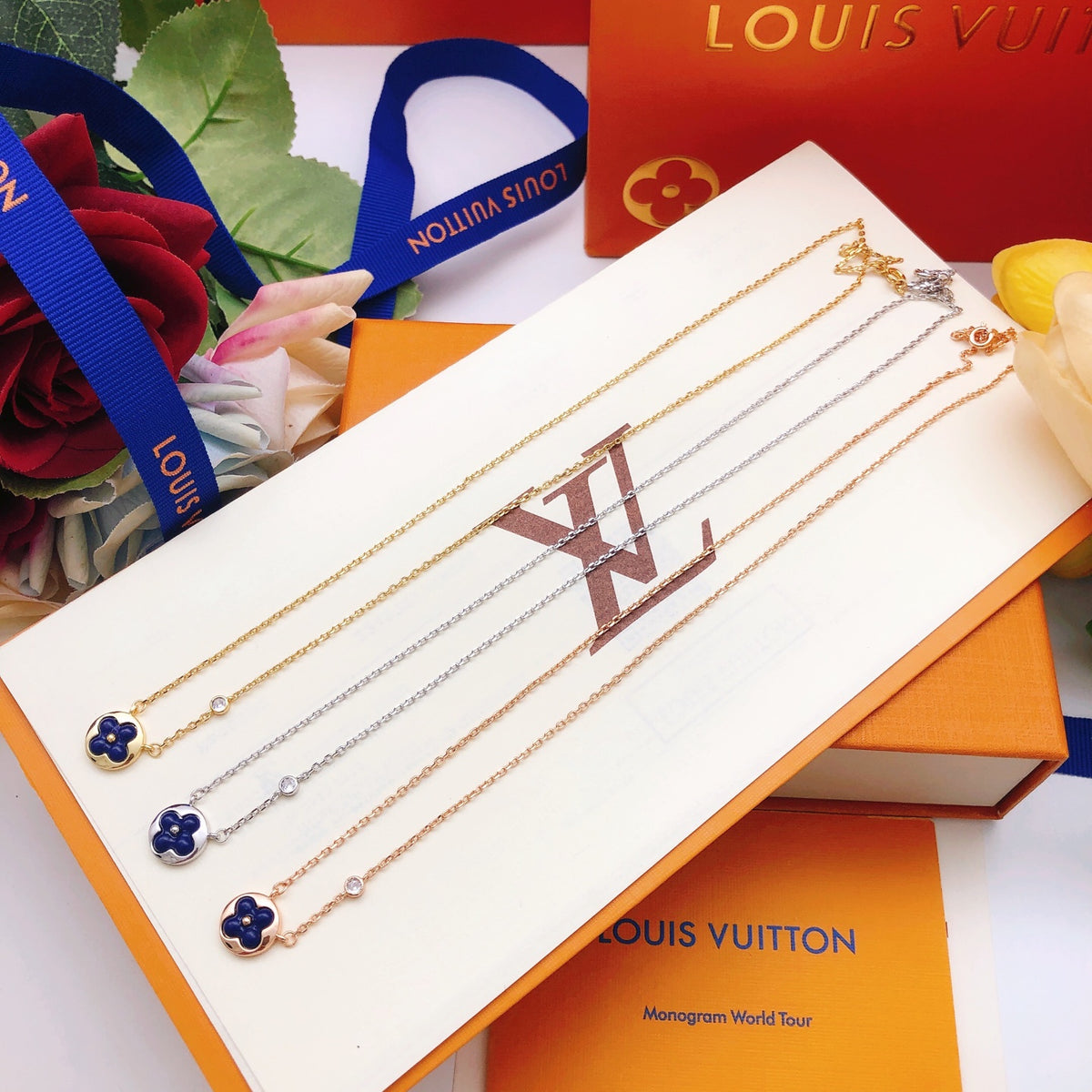 Geometric Emblem Pendant Necklace in Gold-Tone – Blue Detail styled product view