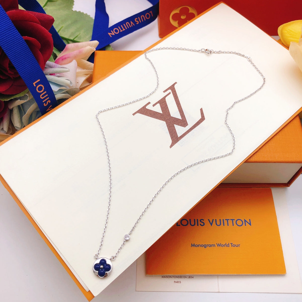 Geometric Emblem Pendant Necklace in Gold-Tone – Blue Detail – Design 002 close-up detail