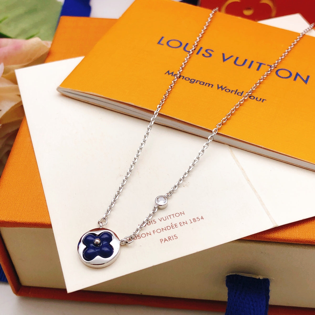 Geometric Emblem Pendant Necklace in Gold-Tone – Blue Detail – Design 002 side detail
