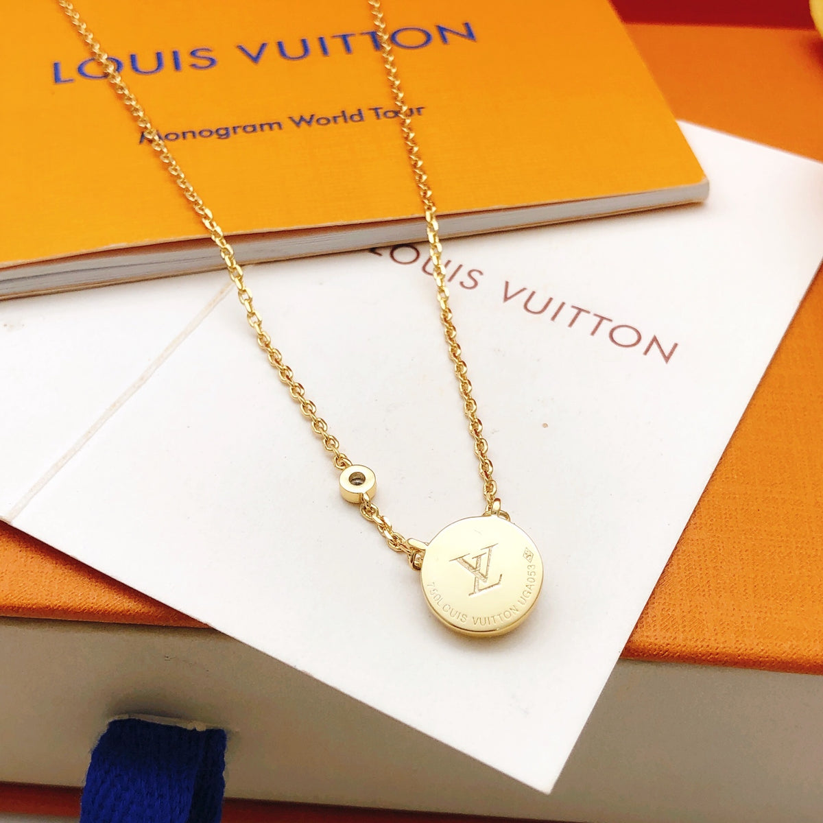 Geometric Emblem Pendant Necklace in Gold-Tone – Blue Detail detail view