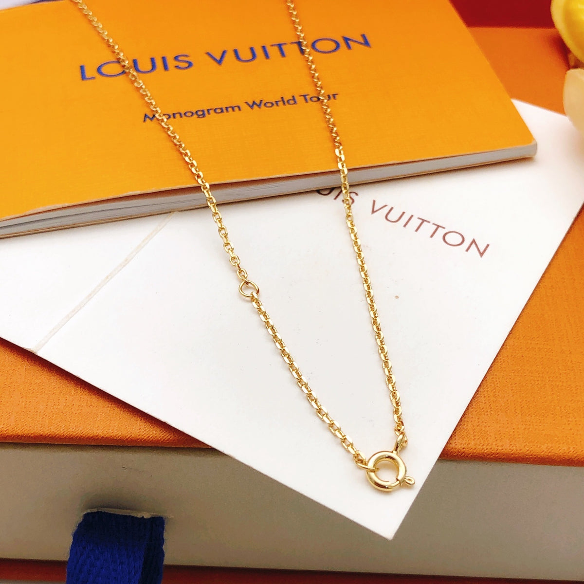 Geometric Emblem Pendant Necklace in Gold-Tone – Blue Detail side detail