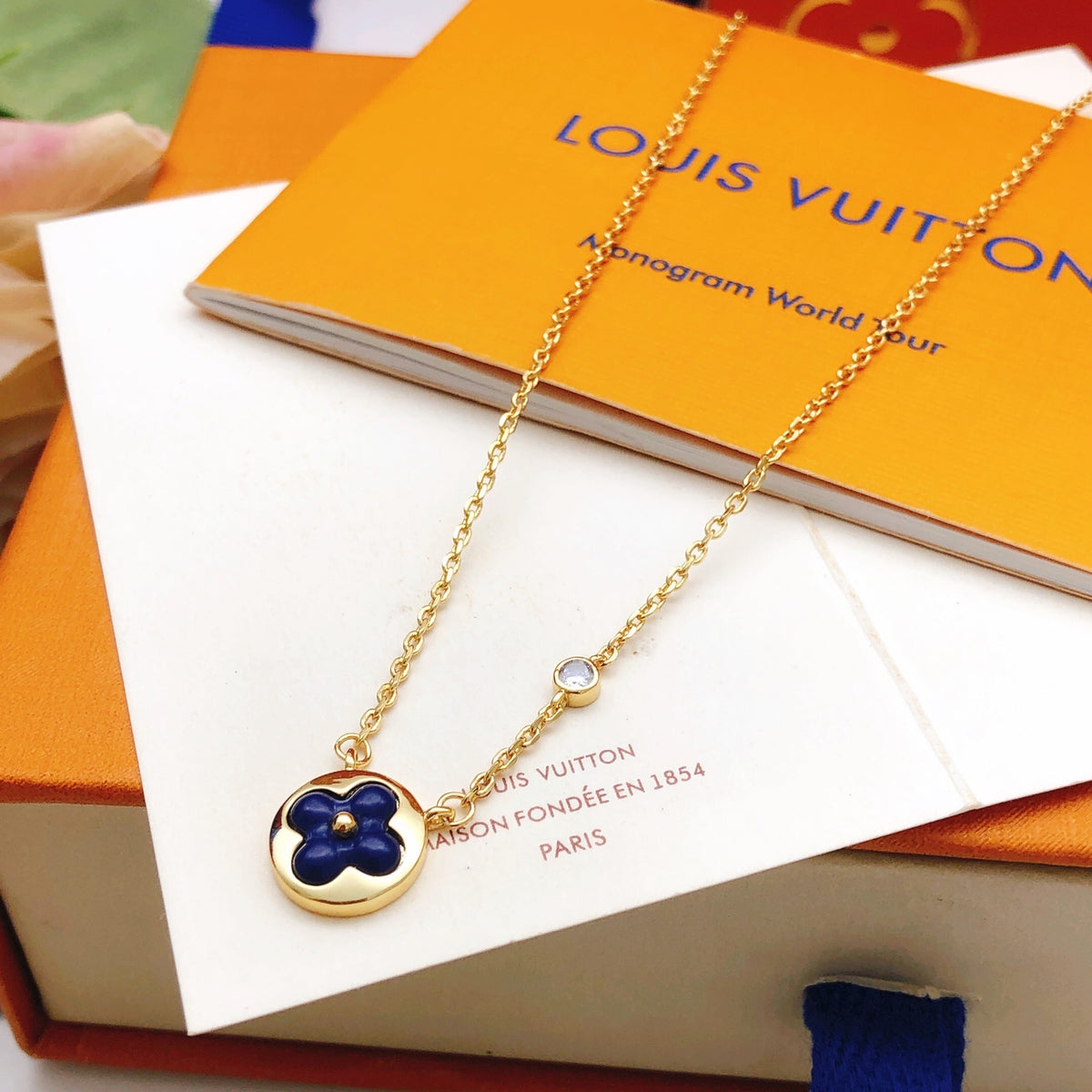 Geometric Emblem Pendant Necklace in Gold-Tone – Blue Detail front product view