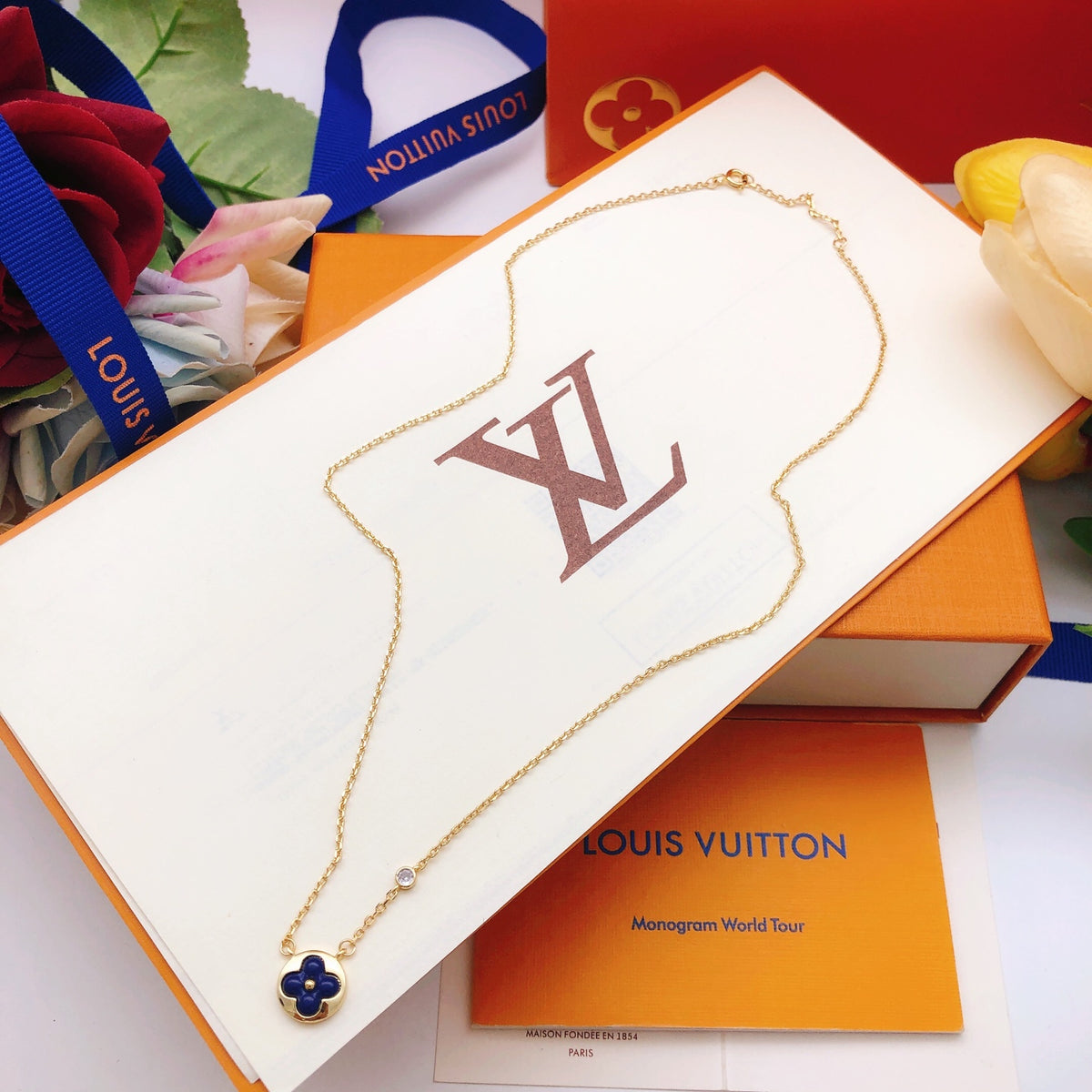Geometric Emblem Pendant Necklace in Gold-Tone – Blue Detail close-up detail