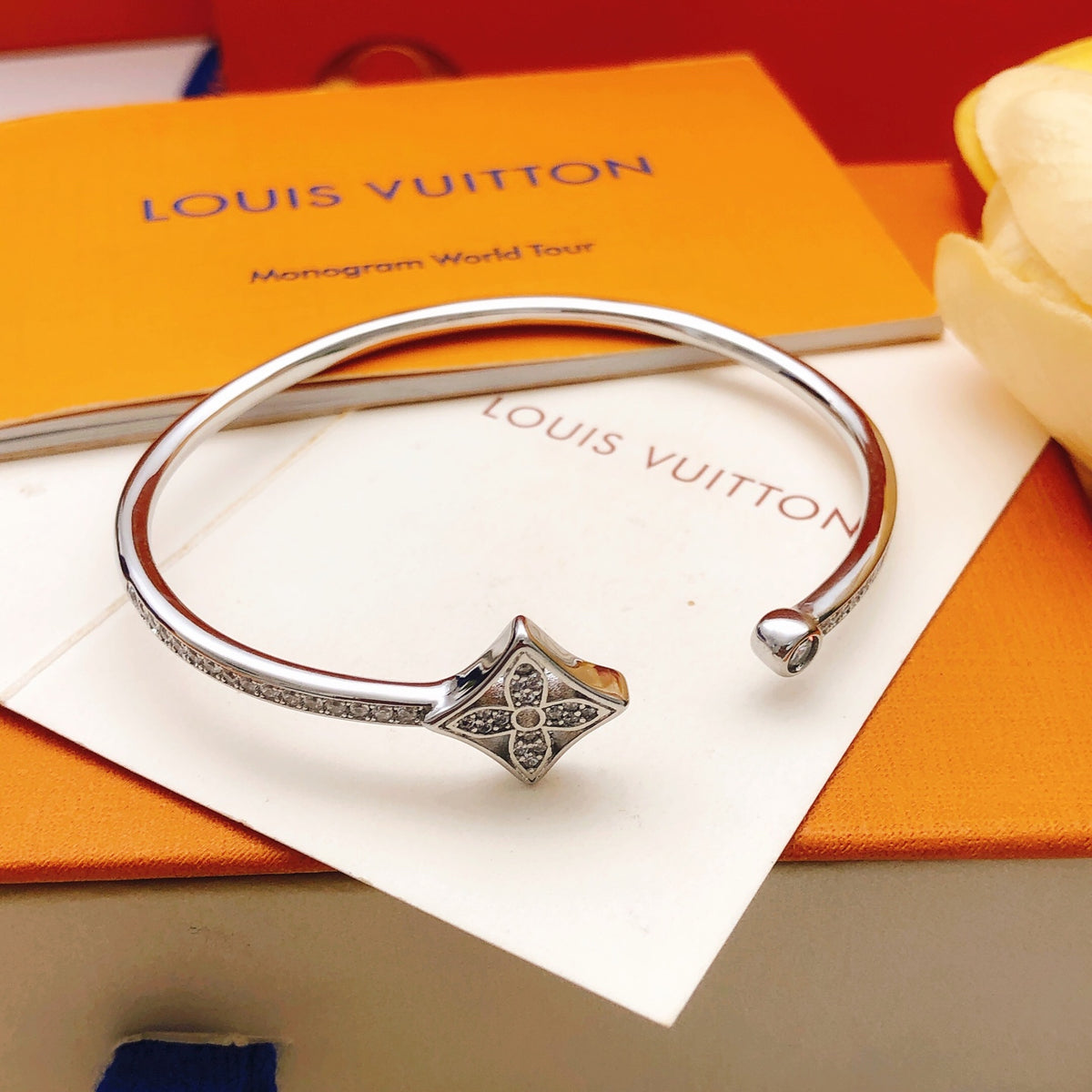 Geometric Emblem Bangle in Silver-Tone close-up detail