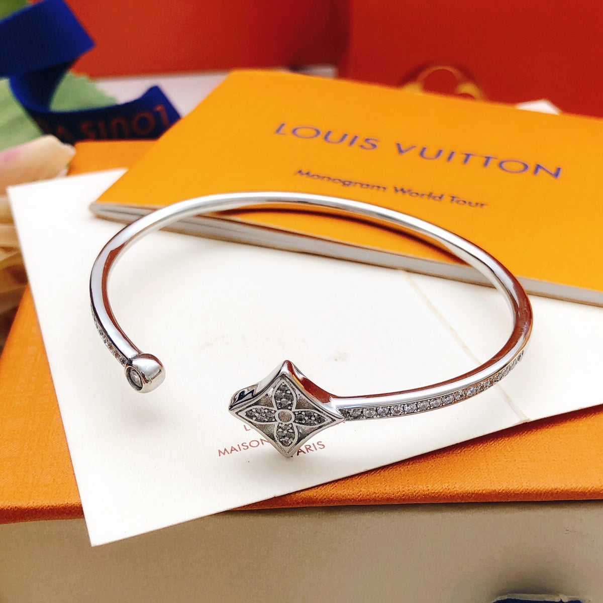 Geometric Emblem Bangle in Silver-Tone side detail